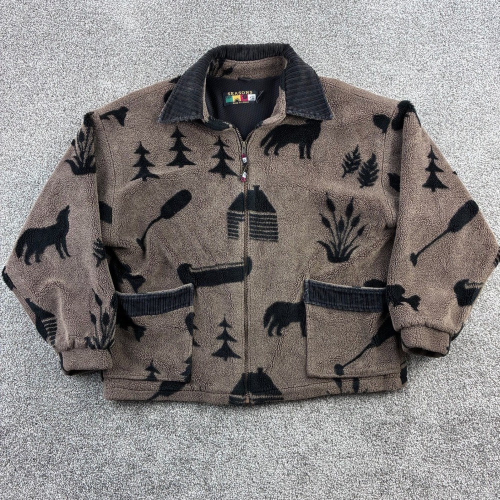 Vintage‎ Seasons Fleece Jacket Mens Medium Brown Nature Wolf Cabin Nature Canada